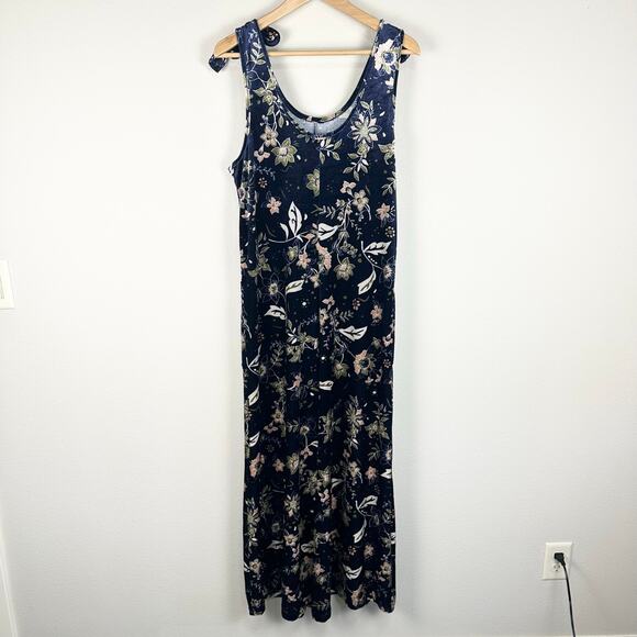 Earthbound Trading Co. Pants - Earthbound Velvet Floral Wide Leg Jumpsuit Boho Loose Comfy Medium EUC